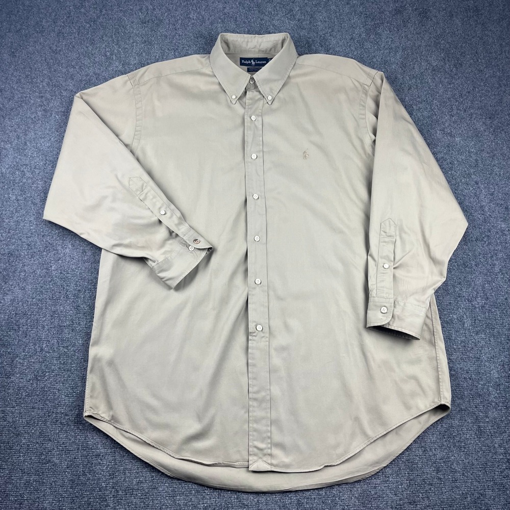 Ralph Lauren Yarmouth Men 17 32/33 Tan Khaki Cotton Button Down Shirt Oxford